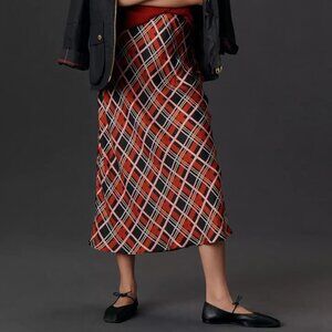RIXO Red and Black Plaid Midi Skirt